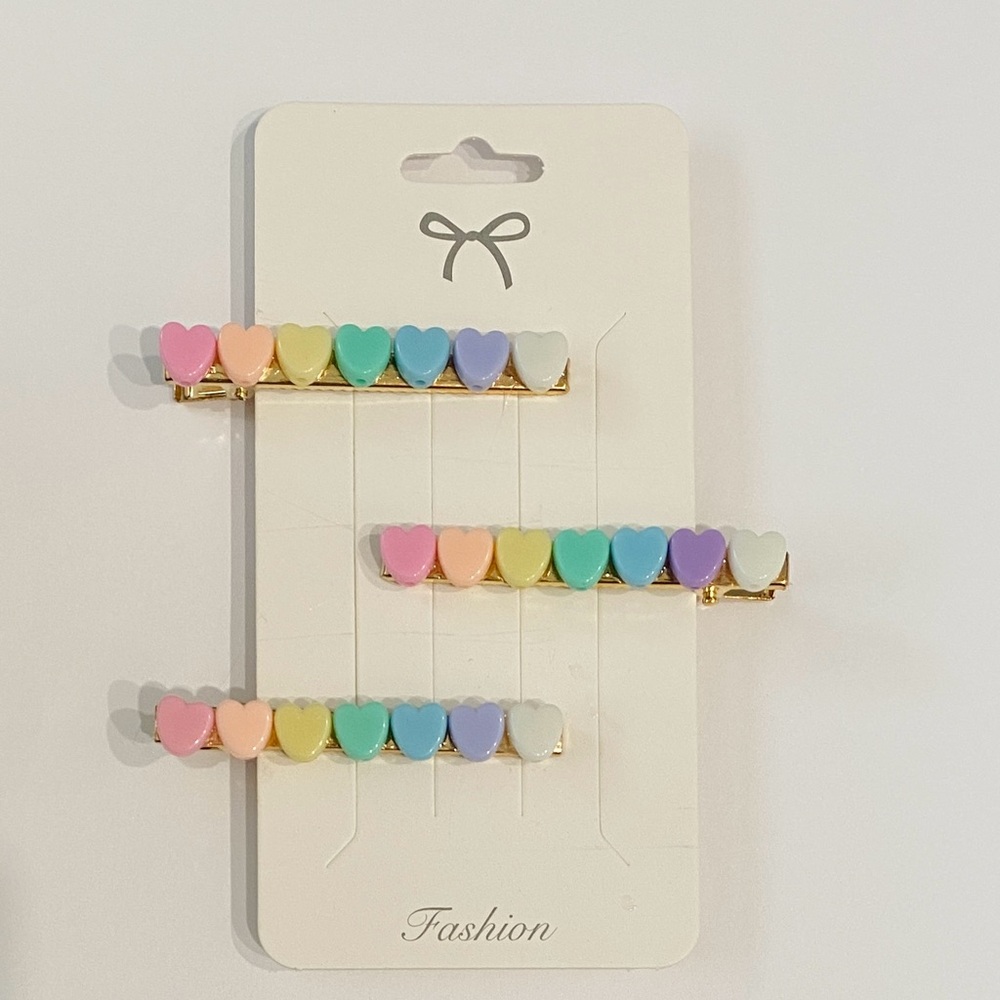 Pastel Rainbow Heart Hair Clips – Set of 3 Gold Barrette Clips